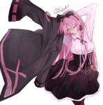  1girl absurdres arm_behind_head arm_up artist_name black_bow black_coat black_ribbon black_skirt bow breasts clothes_lift coat commentary cross_tie crossed_bangs dated double-parted_bangs dressing eiyuu_densetsu floating_clothes grin hair_between_eyes hair_bow hair_ribbon head_tilt high-waist_skirt highres kevin3rd kuro_no_kiseki_(series) kuro_no_kiseki_ii large_breasts long_coat long_hair long_sleeves looking_at_viewer medium_skirt one_eye_closed purple_hair red_cross_tie renne_(eiyuu_densetsu) ribbon shirt shirt_tucked_in signature simple_background skirt skirt_lift smile solo tress_ribbon twitter_username underbust untranslatable_commentary upper_body very_long_hair white_background white_shirt yellow_eyes 