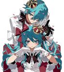  1boy 1girl aqua_eyes aqua_hair black_gloves black_ribbon blue_eyes blue_hair blush blush_stickers center_frills choker closed_mouth commentary crown dress dual_persona falling_petals frills genderswap genderswap_(ftm) gloves hair_between_eyes hair_ornament hair_over_one_eye hair_ribbon hatsune_miku hatsune_mikuo highres long_hair long_sleeves looking_at_viewer mini_crown petals red_ribbon ribbon ribbon_choker shirt short_hair simple_background sitting striped_ribbon sweatdrop twintails v-shaped_eyebrows very_long_hair vocaloid white_background white_dress white_gloves white_shirt world_is_mine_(vocaloid) zero_(jckz2334) 