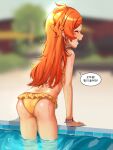  1girl :d absurdres arm_support ass bikini blurry blurry_background blush cabbage_(chlehd2239) closed_eyes commentary_request cowboy_shot eyelashes frilled_bikini frills from_behind highres idolmaster idolmaster_million_live! idolmaster_million_live!_theater_days key korean_commentary korean_text long_hair median_furrow ogami_tamaki open_mouth orange_hair outdoors partially_submerged pool poolside profile reflection reflective_liquid side_ponytail sidelocks smile solo speech_bubble standing swimsuit teeth translation_request upper_teeth_only wading wet wet_hair wristband yellow_bikini 