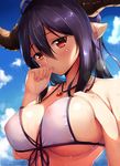  ahoge bikini biting blue_sky blush breasts cleavage cloud collarbone covered_nipples danua day draph dripping front-tie_bikini front-tie_top granblue_fantasy hair_between_eyes hand_on_own_chest horns jewelry large_breasts liu_guniang long_hair looking_at_viewer necklace outdoors pointy_ears purple_bikini purple_hair red_eyes see-through sky solo string_bikini swimsuit thumb_biting upper_body wet 
