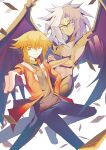  absurdres black_shirt blue_hair blue_lips brown_eyes brown_hair collared_jacket collared_shirt commentary_request crossed_arms demon_girl demon_horns demon_wings duel_academy_uniform_(yu-gi-oh!_gx) duel_monster facial_mark highres horns jacket one_eye_closed pointing pointing_at_viewer red_jacket shirt spiked_hair sugukieru_mn third_eye white_hair wings yu-gi-oh! yu-gi-oh!_gx yubel yuki_judai 