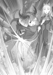  2girls :d animal_ears breasts cleavage collarbone dress floating_hair fox_ears glowing glowing_eye greyscale hair_ornament highres horns japanese_clothes kimono long_dress long_hair long_sleeves medium_breasts monochrome multiple_girls novel_illustration official_art ootsuka_shin'ichirou open_mouth re:zero_kara_hajimeru_isekai_seikatsu ribbon-trimmed_sleeves ribbon_trim short_hair smile socks standing straight_hair tabi tail tanza_(re:zero) third-party_source very_long_hair wide_sleeves yorna_mishigure 