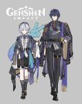 2boys absurdres ahoge alternate_costume belt black_belt black_gloves black_pants black_shorts black_socks blue_hair bow bowtie closed_mouth clothing_cutout collared_shirt commentary english_text frilled_sleeves frills full_body garter_belt genshin_impact gloves hair_between_eyes hair_intakes hand_in_pocket hand_on_another's_arm hand_on_own_hip hand_up hat height_difference highres jacket jacket_on_shoulders logo long_sleeves mitya_(genshin_impact) multiple_boys necktie pale_skin pants papajay_(jennygin2) purple_eyes purple_hair red_necktie shirt shoes short_hair shorts single_hair_intake sketch socks untranslatable_commentary v valeriy_(genshin_impact) 