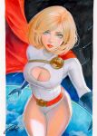  1girl belt blonde_hair blue_eyes blue_gloves breasts cape cleavage cleavage_cutout closed_mouth clothing_cutout commentary dc_comics english_commentary gloves highres large_breasts leotard looking_at_viewer marker_(medium) miki_okazaki power_girl red_belt red_cape red_lips scan short_hair sleeved_leotard solo space superhero_costume traditional_media white_leotard 