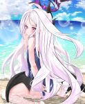  1girl absurdres ahoge arm_behind_back ass bare_legs barefoot beach black_halo black_horns black_wings blue_archive blue_one-piece_swimsuit blue_sky blush breasts closed_mouth cloud commentary day demon_girl demon_horns demon_wings floating_hair foot_out_of_frame forehead from_behind hair_ornament hairclip halo hand_up highres hina_(blue_archive) hina_(swimsuit)_(blue_archive) horns lens_flare long_hair looking_at_viewer looking_back low_wings nose ocean official_alternate_costume one-piece_swimsuit outdoors parallel_hairclips parted_bangs purple_eyes school_swimsuit sitting sky slit_pupils small_breasts smile soles solo sparkle swimsuit thighs very_long_hair wariza wet white_hair wings yoshino_sakura_(0db5t510388113n) 