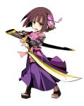  1girl armor boots brown_boots bushidou_(sekaiju) bushidou_4_(sekaiju) commentary_request flower full_body green_eyes hair_flower hair_ornament hakama hakama_skirt holding holding_sheath holding_sword holding_weapon ixy japanese_armor japanese_clothes kimono kote legs_apart looking_at_viewer open_mouth pink_flower pink_kimono purple_hakama sekaiju_no_meikyuu sekaiju_no_meikyuu_2 sheath short_hair simple_background skirt solo standing sword v-shaped_eyebrows weapon white_background 