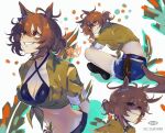  1girl absurdres agnes_tachyon_(lunatic_lab)_(umamusume) agnes_tachyon_(umamusume) ahoge animal_ears bikini black_bikini blush breasts brown_hair calamity_brezze cleavage closed_mouth commentary criss-cross_halter english_commentary green_jacket hair_between_eyes halterneck highres horse_ears horse_girl horse_tail jacket large_breasts medium_hair navel official_alternate_costume open_clothes open_mouth red_eyes shoes shorts sitting smile swimsuit tail tied_jacket torn_clothes torn_shorts umamusume 