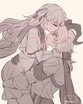  2girls absurdres armband black_armband black_bow black_gloves black_horns black_pants blush bow carrying carrying_person curled_horns gloves hands_on_another's_hips hands_on_another's_thighs harness high-waist_pants highres horns jacket jacket_on_shoulders kiss kissing_forehead multiple_girls pants pantyhose phoebe_(wuthering_waves) shirt_tucked_in skirt smile white_pantyhose white_skirt wuthering_waves yuri yuutama2804 zani_(wuthering_waves) 