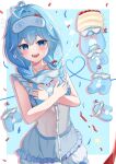  1girl absurdres antenna_hair arahashi_tabi blue_background blue_eyes blue_hair blue_shorts cake clothing_request collarbone commentary_request confetti creature dacchi_(gg0329) flower food frills hair_flower hair_ornament highres holding holding_creature jewelry korean_commentary long_hair low_twintails open_mouth pendant pungdangi_(arahashi_tabi) see-through_clothes shorts sleep_mask sleeveless stellive strawberry_cake twintails virtual_youtuber white_flower 
