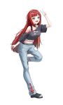  1girl :d absurdres akane_lize arm_at_side belt belt_buckle black_belt black_choker black_shoes blue_pants buckle choker commentary crop_top cropped_shirt cross cross_necklace denim full_body grey_eyes grey_shirt hand_up highres jeans jewelry leg_up long_hair looking_at_viewer midriff moru692024 multiple_belts navel necklace off-shoulder_shirt off_shoulder open_mouth pants red_hair shirt shoes short_sleeves simple_background single_bare_shoulder single_off_shoulder smile solo standing standing_on_one_leg stellive straight_hair v very_long_hair virtual_youtuber white_background white_belt 