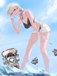  1girl alternate_costume bare_legs bare_shoulders bikini black_bikini breasts camera camera_flash cleavage furbo_(honkai:_star_rail) glasses honkai:_star_rail honkai_(series) large_breasts long_hair nihilux_(blurry_qr_colt)_(honkai:_star_rail) nihilux_(honkai:_star_rail) open_mouth shorts swimsuit white_hair white_shorts yuunelight 