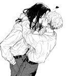  2boys baji_keisuke belt blush commentary_request couple dress_shirt earrings french_kiss from_side greyscale hand_in_pocket heart jewelry kiss kota_uro long_hair long_sleeves male_focus matsuno_chifuyu monochrome multiple_boys school_uniform shirt shirt_tucked_in short_hair simple_background suit_pants tokyo_revengers white_background yaoi 