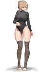  1girl absurdres black_leotard blonde_hair breasts cameltoe chinese_commentary closed_mouth commentary_request covered_collarbone expressionless feet full_body green_eyes highres large_breasts legs leotard long_sleeves null_(user_zske3258) original short_hair sidelocks simple_background skindentation solo standing stirrup_legwear thighs toeless_legwear toenails toes turtleneck turtleneck_leotard white_background zettai_ryouiki 
