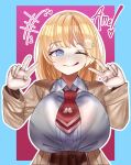  1girl absurdres alternate_breast_size_(larger) blonde_hair blue_eyes breasts coat commentary elov_kam english_commentary facial_hair handlebar_mustache hands_up highres hololive hololive_english large_breasts looking_at_viewer mustache necktie one_eye_closed shirt short_hair simple_background skirt smile tongue tongue_out v virtual_youtuber watson_amelia watson_amelia_(1st_costume) white_shirt 
