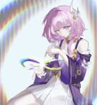  1girl ;) amphoreus_(honkai:_star_rail) breasts chinese_commentary coat commentary_request cyrene_(honkai:_star_rail) cyrene_(philia093)_(honkai:_star_rail) dress hair_ornament highres honkai:_star_rail honkai_(series) jewelry medium_hair mobius_strip multicolored_hair necklace one_eye_closed pink_hair purple_coat small_breasts smile solo two-tone_hair white_dress white_hair wushixunxianren 