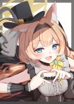  1girl :d absurdres animal_ear_fluff animal_ears black_dress black_hairband black_hat black_wrist_cuffs blue_archive blue_eyes blush border bow cat_ears cat_girl center_frills collar commentary_request dress earrings eyelashes flower four-finger_heart_hands frilled_collar frills grey_border grey_dress hair_between_eyes hair_intakes hairband halo hands_up happy hat hat_feather hat_flower heart heart_hands highres idol idol_clothes jewelry long_hair looking_at_viewer low_twintails mari_(blue_archive) mari_(idol)_(blue_archive) nail_polish official_alternate_costume open_mouth orange_hair outside_border rose sidelocks simple_background sleeveless sleeveless_dress smile solo suzubell2 top_hat twintails two-tone_dress very_long_hair white_background wrist_cuffs yellow_bow yellow_flower yellow_halo yellow_rose 