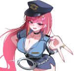  1girl absurdres akane_lize alternate_costume black_choker black_eyes blonde_streaks blue_shirt blue_skirt blush breasts choker cleavage commentary_request cowboy_shot cuffs fingernails floating_hair foreshortening from_above gyaru_v hair_ornament handcuffs heart heart_hair_ornament highres korean_commentary large_breasts long_fingernails long_hair looking_at_viewer looking_up miniskirt mole mole_under_eye multicolored_hair nail_polish open_mouth pencil_skirt pink_hair pink_nails police police_uniform policewoman shirt simple_background skirt smile solo standing stellive streaked_hair v very_long_hair virtual_youtuber white_background yeomhwauranyum 