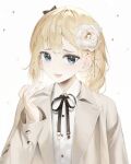  1girl absurdres blonde_hair blue_eyes blush bow breath coat commentary dayshiart english_commentary flower hair_bow hair_flower hair_ornament hand_up happy highres hololive hololive_english looking_at_viewer shirt short_hair smile star_(symbol) virtual_youtuber watson_amelia 