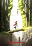  1girl artist_logo artist_name bare_shoulders bare_tree black_thighhighs bracelet breasts clothing_request day dragon_girl dragon_tail english_commentary forest geta highres japanese_clothes jewelry krita_(medium) log logo long_hair megumumpkin musical_note nature original outdoors pointy_ears profile red_hair red_tail scenery sharp_tail simple_flower sleeveless solo sunlight tail thighhighs thighs tiara tree walking water waterfall wide_shot 