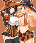  alternate_costume aqua_eyes asymmetrical_docking atago_(kantai_collection) black_gloves black_hair black_legwear blonde_hair breast_press breasts cleavage elbow_gloves gloves halloween hat highres index_finger_raised jack-o'-lantern kantai_collection large_breasts long_hair looking_at_viewer marimo_maru midriff multiple_girls navel open_mouth outstretched_arm red_eyes short_hair skindentation takao_(kantai_collection) thighhighs white_gloves witch_hat 