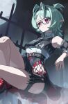  1girl absurdres bare_legs bare_shoulders black-framed_eyewear black_hairband black_shirt black_unitard closed_mouth coffin commentary detached_sleeves glasses green_hair hair_ornament hairband hairclip highres knee_up lucien_tube moon night pale_skin pointy_ears red_eyes roxy_ifrita_pryce scar scar_on_shoulder shirt sitting sky solo thighs zenless_zone_zero 