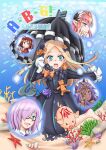  5girls abigail_williams_(fate) abigail_williams_(first_ascension)_(fate) animalization black_dress black_ribbon blonde_hair circe_(fate) collared_shirt commentary_request dress fate/grand_order fate_(series) frilled_sleeves frills fujimaru_ritsuka_(male) glasses hair_over_one_eye hair_ribbon holding holding_umbrella long_hair looking_at_viewer looking_down mash_kyrielight mizutani_hozumi multiple_girls necktie nezha_(fate) open_mouth orange_ribbon pig purple_hair queen_of_sheba_(fate) red_necktie ribbon shirt short_hair smile tan teeth tongue tongue_out translation_request twintails umbrella 