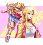  1girl blonde_hair blue_eyes calilo casual earrings gem highres jacket jewelry multicolored_jacket open_clothes open_jacket pink_jacket pointy_ears princess_zelda red_gem revision solo super_smash_bros. tank_top the_legend_of_zelda the_legend_of_zelda:_a_link_between_worlds tiara triforce white_tank_top yellow_jacket 