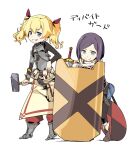  2girls belt belt_pouch black_bodysuit black_pantyhose blonde_hair blue_eyes blue_skirt bodysuit brown_belt buckler closed_mouth commentary_request fortress_(sekaiju) fortress_2_(sekaiju) full_body grin hammer holding holding_hammer ixy long_hair looking_at_viewer multiple_girls pants pantyhose plaid_clothes plaid_skirt pouch puffy_pants red_pants sekaiju_no_meikyuu sekaiju_no_meikyuu_4 shield short_hair simple_background skirt smile split_mouth sword swordsman_(sekaiju_4) swordsman_2_(sekaiju_4) teeth translation_request twintails weapon white_background 