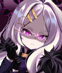  1girl absurdres adjusting_clothes adjusting_gloves black_horns black_jacket blue_archive closed_mouth commentary_request demon_girl demon_horns forehead fur-trimmed_jacket fur_trim gloves glowing glowing_eyes grey_hair hair_intakes hair_ornament hairclip hands_up highres hina_(blue_archive) horns jacket long_hair long_sleeves looking_at_viewer parallel_hairclips parted_bangs partial_commentary purple_background purple_eyes serious shaded_face simple_background slit_pupils solo split_mouth tsurime upper_body yoshino_sakura_(0db5t510388113n) 