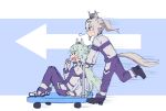  2girls ahoge alonemistrist animal_ears aqua_hair arrow_(symbol) blue_background blue_eyes blush braid commentary ear_ornament ear_ribbon folded_ponytail fujimasa_march_(umamusume) grey_hair grey_tail hair_between_eyes hair_ornament hairband highres horse_ears horse_girl horse_tail jacket kasamatsu_tracen_training_uniform letterboxed long_hair long_sleeves motion_lines multicolored_hair multicolored_jacket multiple_girls oguri_cap_(umamusume) open_mouth outside_border pants platform_truck ponytail puff_of_air purple_jacket purple_pants purple_track_suit running shirt sitting tail track_jacket track_pants track_suit two-tone_jacket umamusume umamusume:_cinderella_gray untranslatable_commentary yellow_eyes 