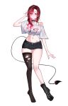  1girl absurdres akane_lize arm_at_side black_boots black_choker black_eyes black_shorts black_tail black_thighhighs blonde_streaks blush bocchi_the_rock! boots breasts choker colored_inner_hair commentary_request curtained_hair cutoffs demon_tail full_body hand_up highres korean_commentary lace-up_boots large_breasts long_hair looking_at_viewer mole mole_under_eye multicolored_hair navel off-shoulder_shirt off_shoulder parted_lips red_hair shirt short_shorts shorts side_ponytail simple_background single_bare_shoulder single_boot single_off_shoulder single_thighhigh solo standing stellive stomach streaked_hair t-shirt tail thighhighs tied_shirt torn_clothes torn_thighhighs virtual_youtuber white_background white_shirt yeomhwauranyum 