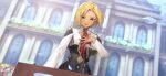  1girl absurdres artist_request ascot atelier_(series) atelier_resleriana blonde_hair breasts building clothing_cutout collared_shirt dark-skinned_female dark_skin game_asset hand_on_own_chest highres juna_waitz long_sleeves medium_breasts microphone microphone_stand non-web_source official_art open_mouth outdoors purple_eyes red_ascot self-datamine shirt short_hair smile solo white_sleeves 