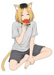  1girl :3 =_= absurdres animal_ear_fluff animal_ears barefoot black_shorts black_streaks blonde_hair cat_ears cat_girl cat_tail commentary_request eating etsushimaru_yakuko fingernails food food_in_mouth fruit full_body happy highres holding holding_food holding_fruit light_blush multicolored_hair open_collar shirt shorts simple_background sitting smile solo streaked_hair t-shirt tail toenails vector_(pixiv_110339430) wariza watermelon watermelon_slice white_background yani_neko 
