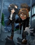  2000s_(style) 2boys anime_coloring arms_up bag bag_on_head bag_over_head belt black-framed_eyewear black_eyes black_hair black_jacket black_pants blush brown_bag brown_belt brown_shoes bush chutaro_gonzade cloud cloudy_sky collarbone commentary constricted_pupils english_commentary falling fang faux_retro_artstyle from_below full_body gakuran glasses gloves high_collar highres holding holding_bag improvised_umbrella jacket loafers looking_at_another looking_at_viewer male_focus medium_hair multiple_boys open_clothes open_jacket open_mouth orange_hair outdoors overcast pants power_lines puddle rain raised_inner_eyebrows randal's_friends randal_ivory reaching reaching_towards_viewer road running satchel school_bag school_uniform shoes sky smile splashing street sweatdrop tsukada_satoru utility_pole water_drop wet wet_hair white_gloves 