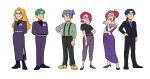  3boys 3girls aged_up bare_shoulders blonde_hair blue_eyeshadow blue_hair butch_(pokemon) cassidy_(pokemon) commentary english_commentary eyeshadow german_clothes glasses green_hair high_heels james_(pokemon) jessebelle_(pokemon) jessie_(pokemon) kiana_mai lederhosen makeup multiple_boys multiple_girls ojou-sama_pose original pink_hair pokemon pokemon_(anime) ponytail red_hair 
