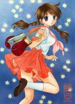  1girl artist_name blue_eyes boxing_gloves braid brown_hair brown_shoes color_ink_(medium) foot_out_of_frame gloves hand_up holding holding_gloves holding_unworn_clothes leg_up loafers long_hair looking_at_viewer looking_to_the_side midriff_peek miniskirt neckerchief parted_lips pink_neckerchief pleated_skirt red_sailor_collar red_skirt ring_ni_kakero sailor_collar school_uniform serafuku shirt shoes short_sleeves skirt smile socks solo standing standing_on_one_leg star_(symbol) suzumame takane_kiku traditional_media twin_braids unworn_gloves white_shirt white_socks 