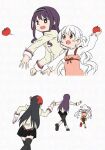  3girls abutomato akemi_homura back_bow black_hair black_hairband black_leggings black_shoes black_skirt black_thighhighs bow bowtie bright_pupils brown_bow brown_bowtie brown_eyes buttons casual chasing commentary_request dot_nose dress flat_color fleeing food food_on_head frilled_dress frills from_behind hair_between_eyes hair_bow hair_ornament hair_scrunchie hairband happy height_difference high_heels juliet_sleeves lace-trimmed_shirt lace-trimmed_sleeves lace_trim leggings long_hair long_sleeves looking_ahead mahou_shoujo_madoka_magica mahou_shoujo_madoka_magica:_walpurgis_no_kaiten miniskirt mitakihara_school_uniform momoe_nagisa motion_lines multiple_girls object_on_head open_mouth orange_dress outstretched_arms pinafore_dress pleated_skirt puffy_long_sleeves puffy_sleeves pumps purple_hair red_eyes red_shoes running school_uniform scrunchie sequential shirt shoes short_dress sidelocks simple_background single_stripe skirt sleeve_cuffs sleeveless sleeveless_dress smile speed_lines strap striped_clothes striped_hairband tareme thighhighs throwing_tomato two_side_up v-shaped_eyebrows very_long_hair wasu_(madoka_magica) wavy_hair white_background white_hair white_pupils white_scrunchie white_shirt yellow_bow yellow_shirt zettai_ryouiki 