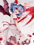  bat_wings blood blood_on_face blue_hair fangs folded_leg gradient gradient_background grey_background hat hat_ribbon injury looking_at_viewer mob_cap open_mouth petals red_eyes remilia_scarlet ribbon rose_petals short_hair short_sleeves simple_background skirt skirt_set slit_pupils solo spear_the_gungnir tapuri_(hurleyx) touhou tube_socks wings wrist_cuffs 