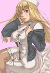  bangs blonde_hair breasts hat higurashi_no_naku_koro_ni large_breasts lips long_hair looking_at_viewer nurse nurse_cap open_mouth pantyhose red_eyes simple_background sitting solo sweater takano_miyo zenkou 