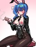  1girl absurdres alternate_breast_size_(larger) animal_ear_hairband animal_ears arm_rest bar_stool between_fingers black_leotard black_shrug blue_eyes blue_hair blush breasts cigarette closed_mouth commentary_request covered_navel detached_collar embarrassed fake_animal_ears gradient_background hair_between_eyes hairband highleg highleg_leotard highres holding holding_cigarette hololive hoshimachi_suisei inverted_nipples latex leotard long_hair low_neckline medium_breasts motion_lines navel necktie nipples onemore_1more pantyhose pink_background playboy_bunny rabbit_ear_hairband rabbit_ears shrug_(clothing) side_ponytail sitting smoke smoke_trail solo star_(symbol) star_in_eye stool strapless strapless_leotard surprised symbol_in_eye virtual_youtuber wardrobe_malfunction white_background white_wrist_cuffs wrist_cuffs 