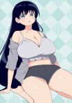 1girl :o arato_nagi arm_support black_hair black_shorts blue_sky_story bra breasts cleavage commentary_request ear_piercing earrings green_background grey_bra highres jewelry large_breasts long_hair looking_at_viewer open_mouth patterned_background piercing purple_eyes ruri_no_houseki short_shorts shorts sitting solo stud_earrings thighs underwear very_long_hair wariza 