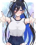  1girl abstract_background alternate_costume ayase_yuu black_hair black_nails blue_buruma blue_eyes blue_hair blue_ribbon blue_streaks blush breasts bright_background buruma closed_mouth collarbone colored_inner_hair commentary_request double-parted_bangs ear_piercing earrings gym_uniform high_ponytail highres hugging_viewer jewelry long_bangs long_hair maximum_pamyu multicolored_hair nail_polish official_alternate_hairstyle phase_connect piercing ponytail ribbon ribbon_earrings shirt shirt_tucked_in single_earring smile solo sparkle spiked_ear_piercing streaked_hair sweat t-shirt upper_body very_long_hair virtual_youtuber white_background white_shirt 