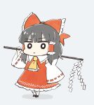  1girl :/ ascot bow chibi chibi_only commentary_request cyu_ta detached_sleeves dress frilled_ascot frilled_hair_tubes frilled_shirt_collar frills full_body gohei grey_background grey_hair hair_bow hair_tubes hakurei_reimu highres holding holding_gohei long_hair red_bow red_dress simple_background solo touhou white_sleeves yellow_ascot 