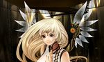  &gt;:) blonde_hair commentary_request cross-laced_clothes floating_hair forehead_jewel gem grey_eyes light_smile long_hair lowres mechanical_wings mochi_(pixiv53625) nail_polish original see-through sleeveless smile solo upper_body v-shaped_eyebrows wings 