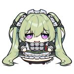  1girl apron black_dress chibi corin_wickes dress fat full_body green_hair hair_between_eyes highres long_hair looking_at_viewer maid maid_apron maid_headdress navel open_mouth puffy_short_sleeves puffy_sleeves purple_eyes shoh_1031 short_sleeves simple_background solo sweat twintails white_apron white_background zenless_zone_zero 
