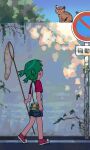  absurdres azumanga_daioh blue_shorts butterfly_net commentary concrete_wall crossover green_hair hand_net highres holding holding_butterfly_net koiwai_yotsuba looking_at_object mayaa_(azumanga_daioh) no_parking_sign pilot_webber plant red_shoes road road_sign shirt shoes shorts sign sky sunlight tree walking white_shirt yotsubato! 