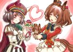  2girls animal_ears aston_machan_(flare)_(umamusume) aston_machan_(umamusume) black_bow black_bowtie blush bow bowtie breasts brown_hair cape character_doll closed_eyes closed_mouth commentary_request crown cutie_(umamusume) doll ear_covers ears_through_headwear funaya_sakichi green_bow hair_between_eyes hair_ornament hair_scrunchie hand_puppet hat holding holding_doll horse_ears horse_girl horse_tail jacket long_sleeves marche_lorraine's_puppet marche_lorraine_(racing)_(umamusume) marche_lorraine_(umamusume) mini_crown mismatched_ear_covers multicolored_hair multiple_girls one_eye_closed open_mouth puppet purple_eyes red_cape red_sash red_scrunchie red_sleeves sash scrunchie shirt short_hair shoulder_sash skirt smile streaked_hair tail tilted_headwear umamusume white_jacket white_skirt white_streaks 