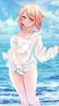  1girl :d alternate_costume artist_name bikini blue_eyes blue_sky breasts brown_hair cloud cloudy_sky collarbone commentary day doki_doki_literature_club english_commentary feet_out_of_frame frilled_bikini frills grin hands_up highres lens_flare looking_at_viewer medium_breasts medium_hair mi_tarou0412 ocean off_shoulder open_mouth outdoors paid_reward_available parted_bangs sayori_(doki_doki_literature_club) see-through_clothes see-through_shirt shirt sky smile solo swimsuit tied_shirt twitter_username wading watermark white_bikini white_shirt 