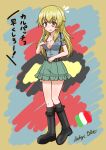  1girl absurdres alternate_costume aoshidan_(emblem) aoshidan_school_uniform bare_legs black_boots black_socks blonde_hair blue_shirt blush boots breasts carpaccio_(girls_und_panzer) cleavage cleavage_cutout clothing_cutout commentary_request girls_und_panzer green_eyes green_skirt highres italian_flag kneehighs large_breasts lichyiblue long_hair miniskirt open_clothes open_mouth open_shirt panicking pleated_skirt school_uniform shirt short_sleeves skirt socks suspender_skirt suspenders sweatdrop translation_request 