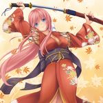  alternate_costume alternate_hairstyle arms_up autumn_leaves bangs bit_(keikou_syrup) blue_eyes bow breasts cleavage closed_mouth cowboy_shot floral_print hair_bow holding holding_sword holding_weapon japanese_clothes kimono leaf lipstick long_hair looking_at_viewer low_ponytail makeup maple_leaf medium_breasts megurine_luka nail_polish obi pink_hair pink_nails print_kimono sash sheath solo sword unsheathing vocaloid weapon white_bow 